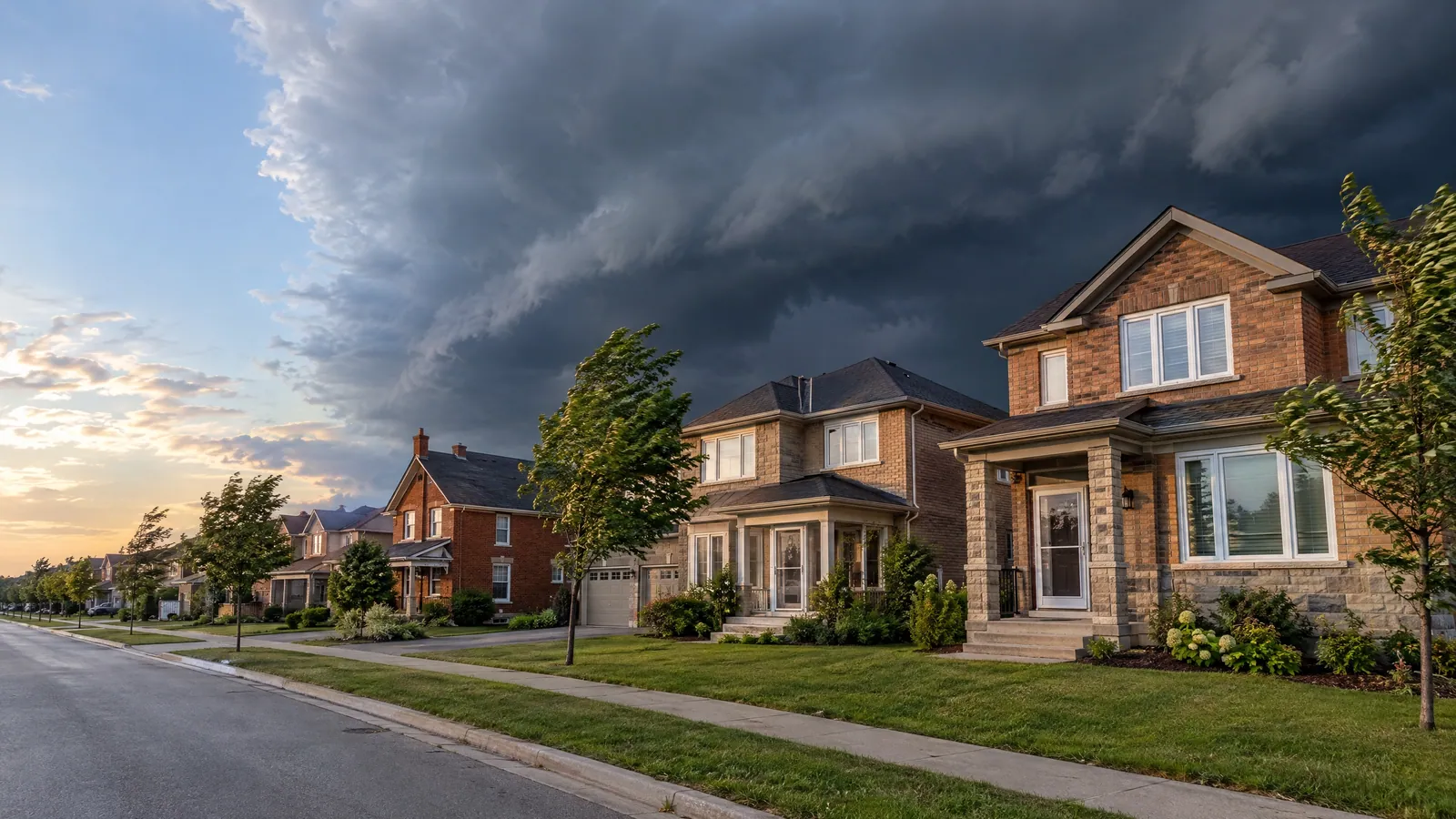 Dark shelf cloud over sunlit brick houses with storm doors before a summer storm