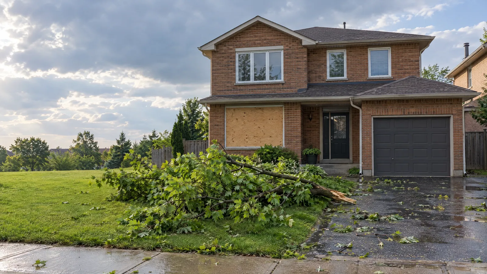 Brick house with one window covered in plywood and a fallen maple branch lying on the lawn after a storm