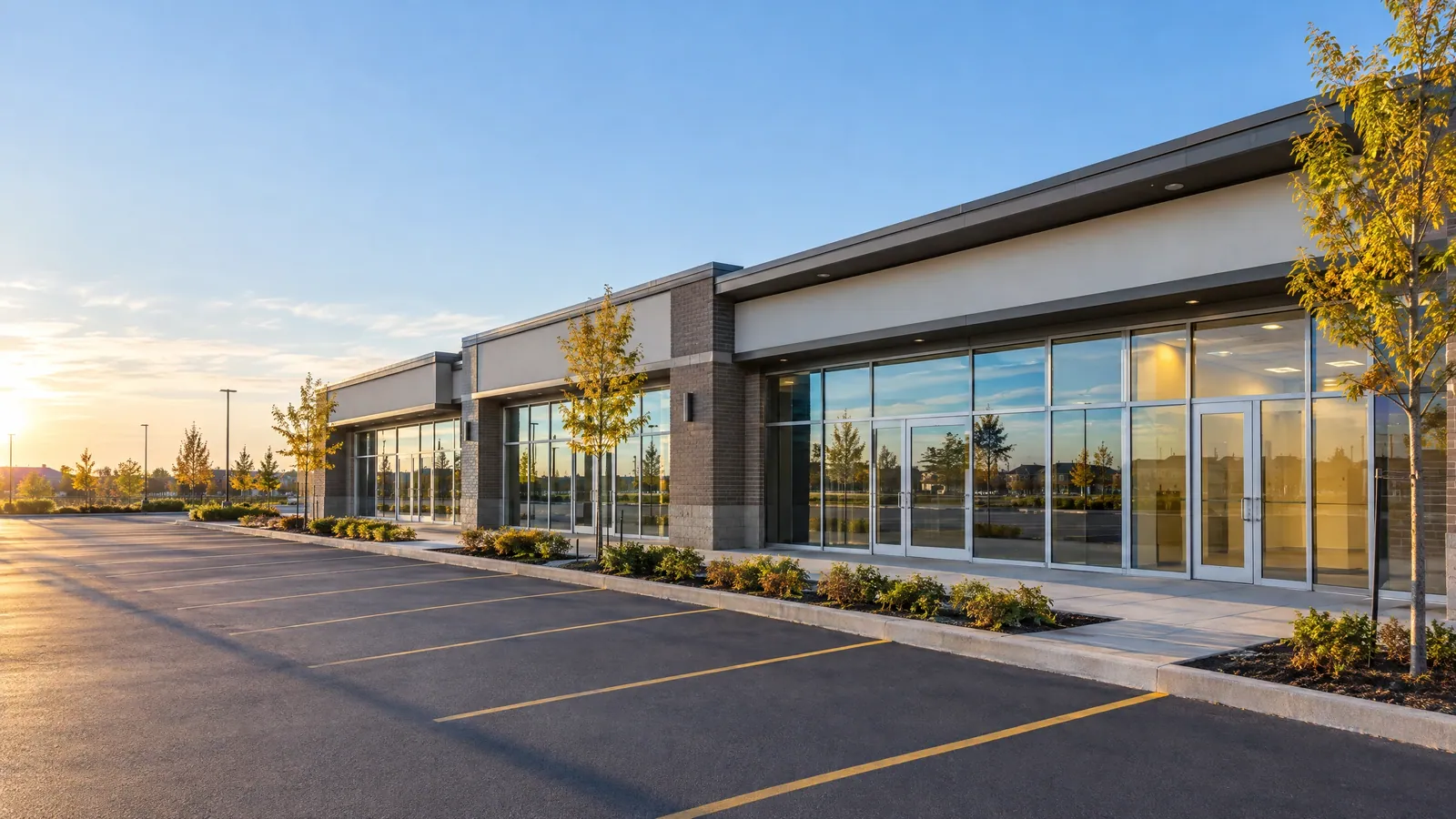 Row of strip-plaza shop units with aluminum-framed glass fronts and blank sign bands in early morning light