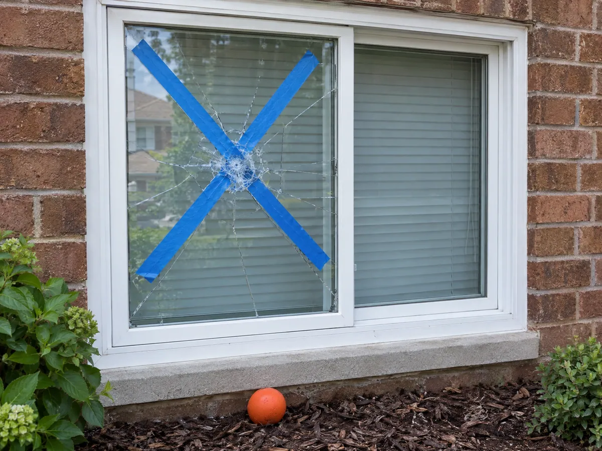 Ground-floor slider window in a brick wall with a bullseye crack taped in a blue X, an orange road hockey ball in the garden bed below