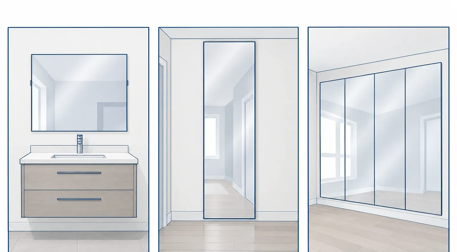 Drawing of three mirror jobs: a vanity mirror over a floating sink, a full-length hallway mirror and a floor-to-ceiling mirror wall