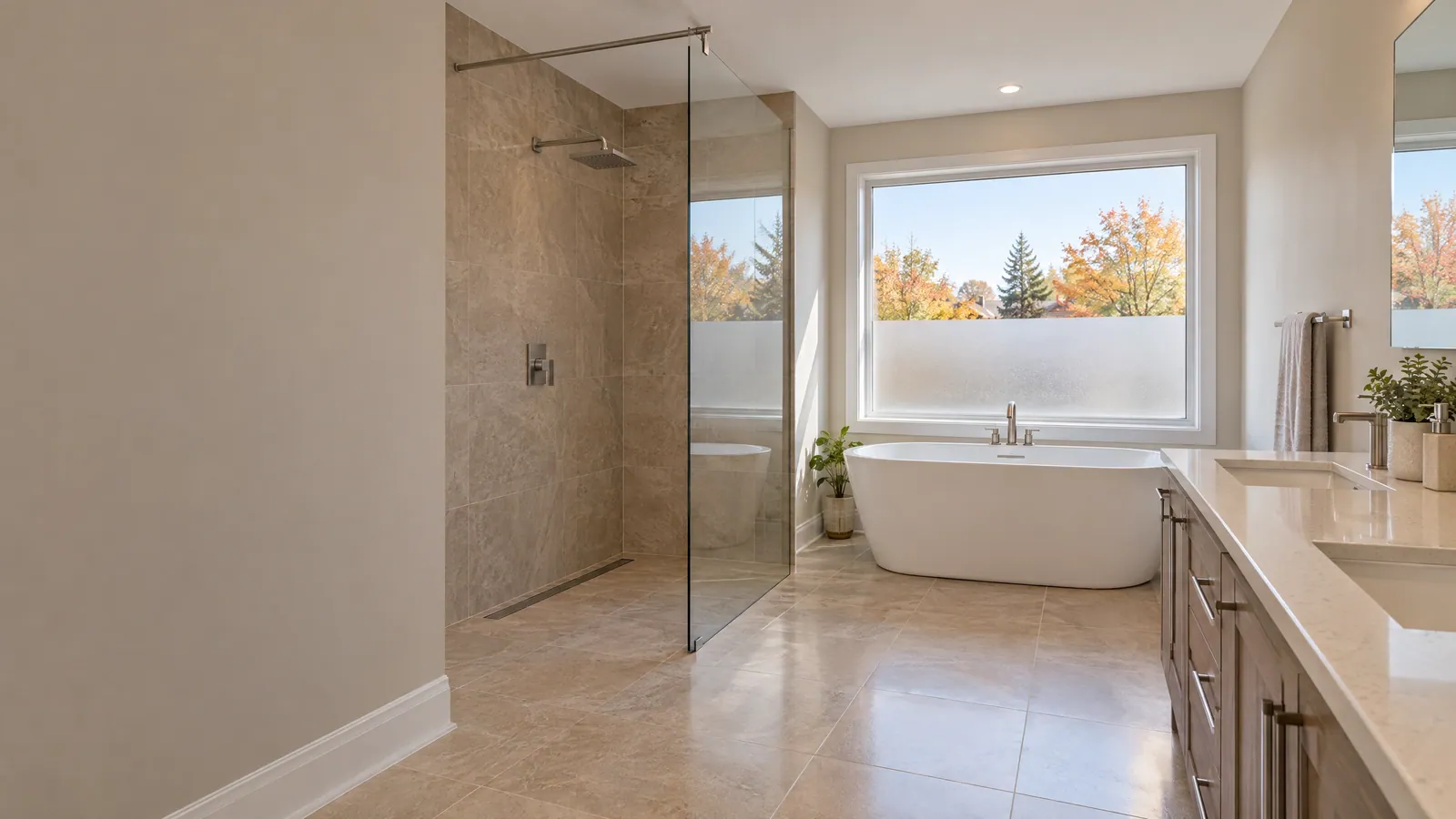 Ensuite with a walk-in shower behind one fixed frameless glass panel, beside a freestanding tub