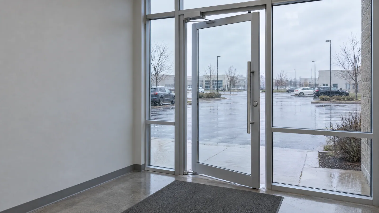 Aluminum and glass office entrance door standing slightly open, showing the overhead closer, the pivots and a long pull handle