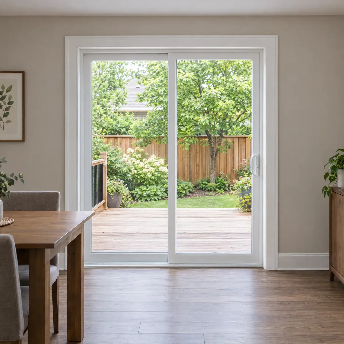 New white sliding patio door in a dining room, garden and deck beyond