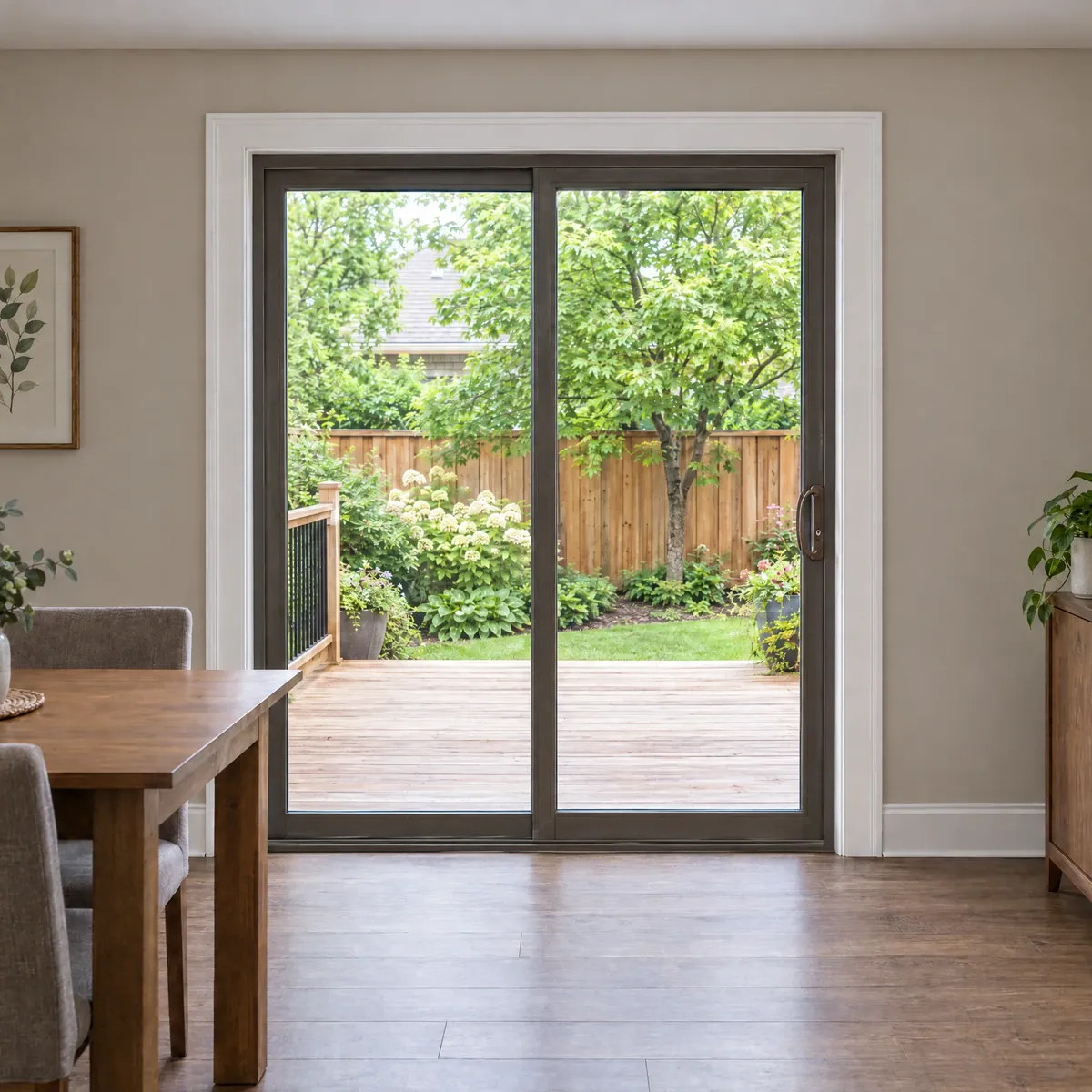 Older dark-brown sliding patio door in a dining room, garden and deck beyond
